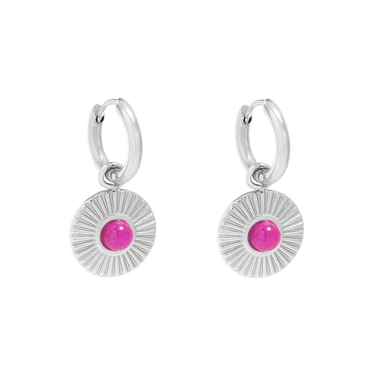 Σκουλαρίκια Eye of the Sun σε ασημί χρώμα και φούξια πέτρα από ατσάλι