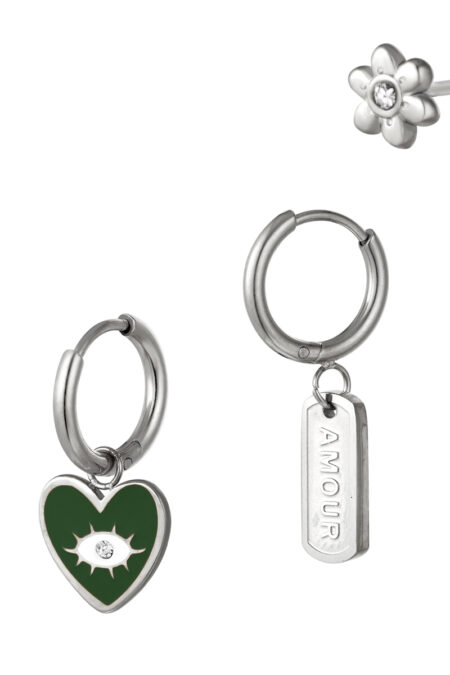 Ατσάλινα trio Σκουλαρίκια set σε ασημί χρώμα και πράσινο σμάλτο