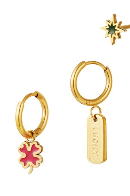 Ατσάλινα Σκουλαρίκια trio set σε χρυσό χρώμα και φούξια σμάλτο