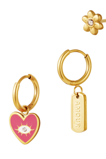 Ατσάλινα trio Σκουλαρίκια set σε χρυσό χρώμα και φούξια σμάλτο