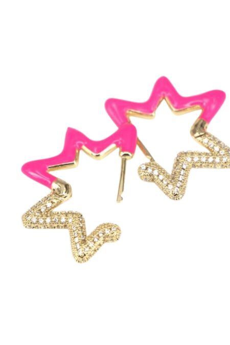Ατσάλινα Σκουλαρίκια Shiny stars σε χρυσό και φούξια χρώμα με ζιργκόν
