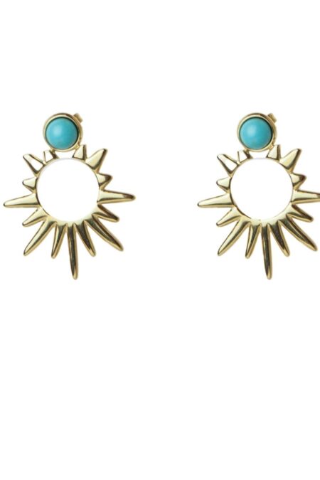 Ατσάλινα κρεμαστά σκουλαρίκια boho σε χρυσό χρώμα με μπλε πέτρα