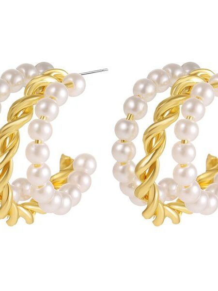Σκουλαρίκια κρίκοι σε χρυσό χρώμα με faux πέρλες 1,5cm από ορύχαλκο