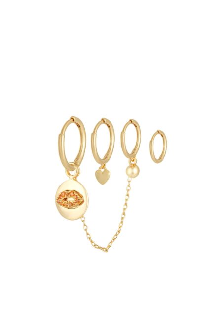 Earrings Set Lips and Love Gold από ορύχαλκο (σετ των 4 τεμαχίων)