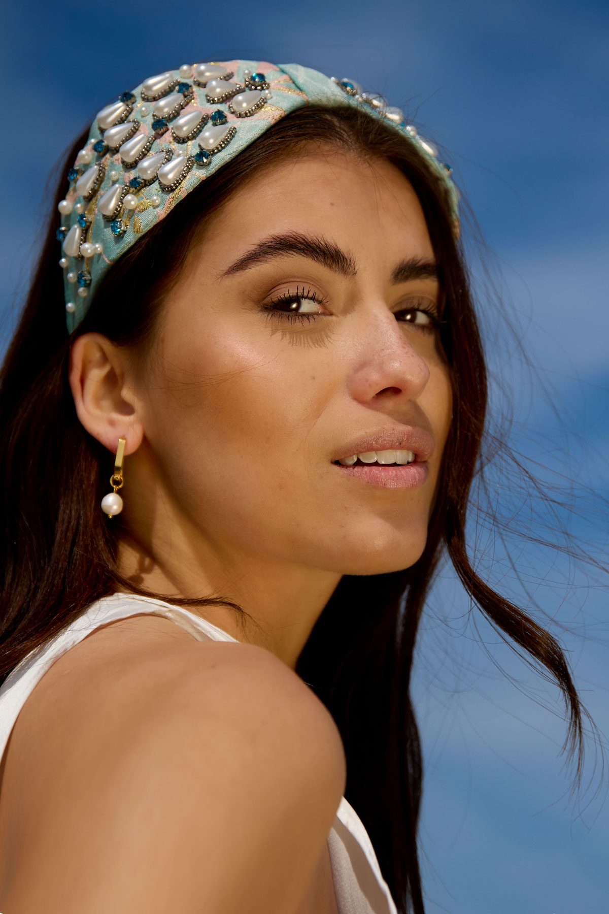 Hairband wide with pearls - blue Polyester