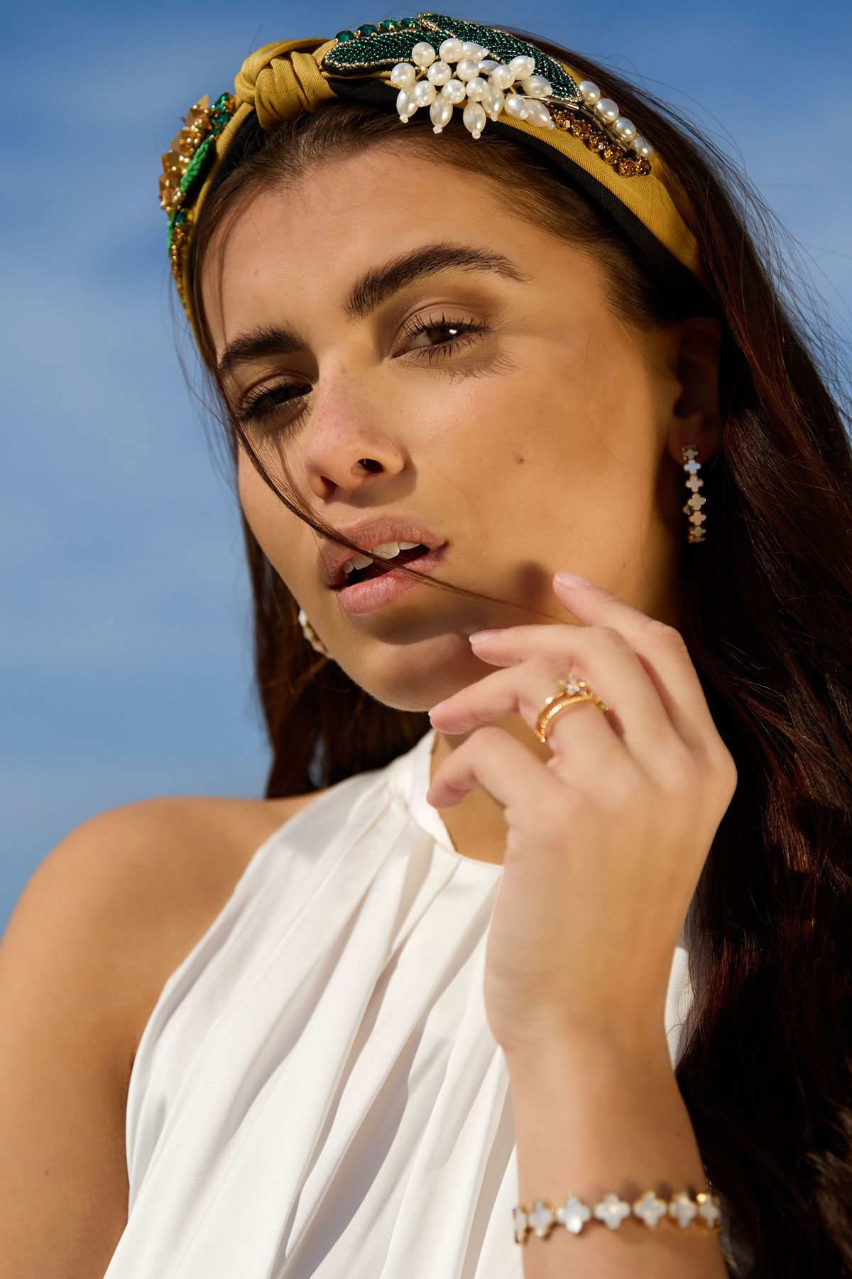 Hairband knot and beads - mustard Polyester