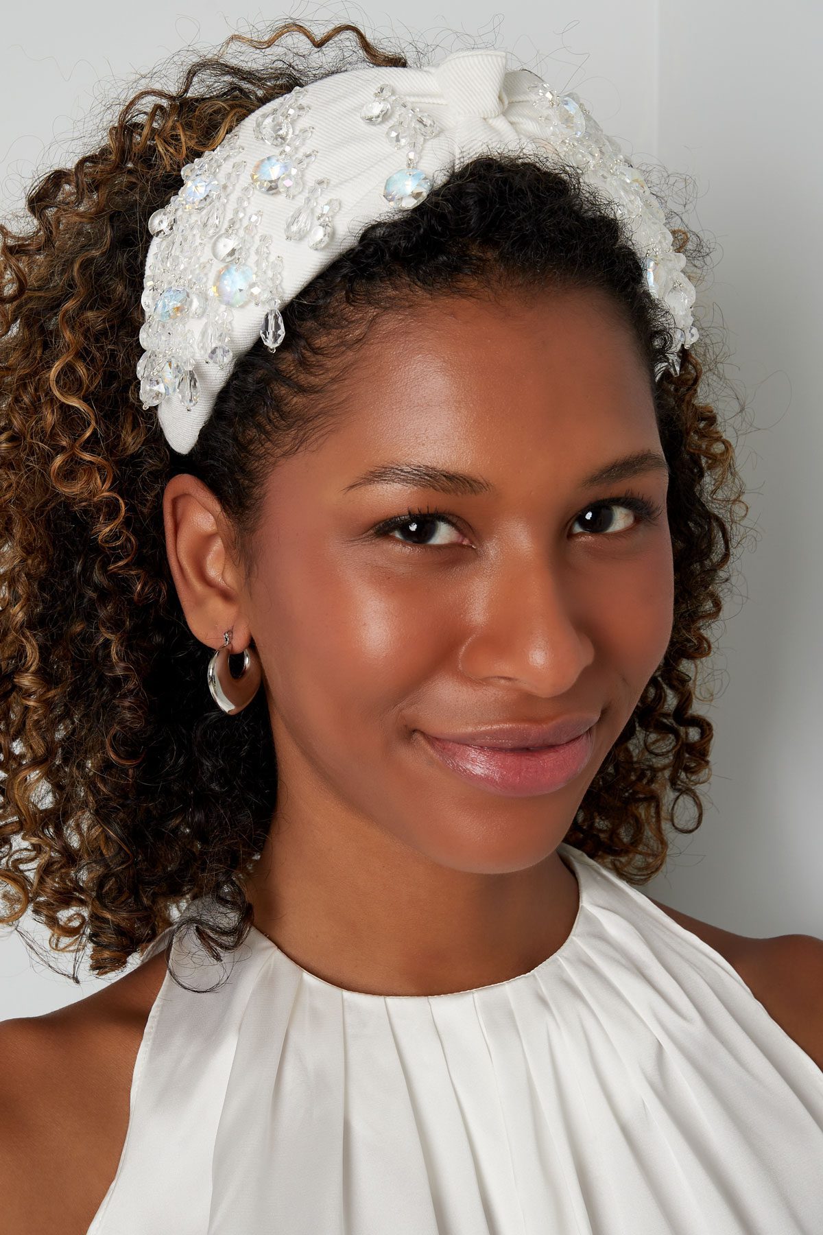 Hairband White Glass Beads - Cotton