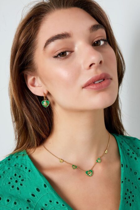 Necklace 5 hearts green - Gold color