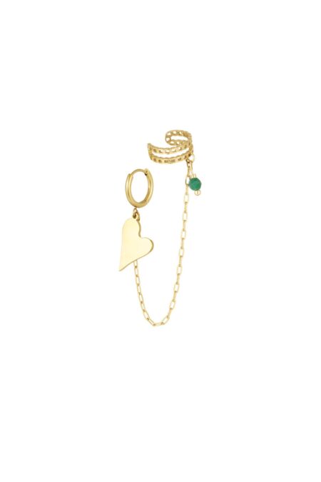 Earring & earcuf heart - Gold color/green