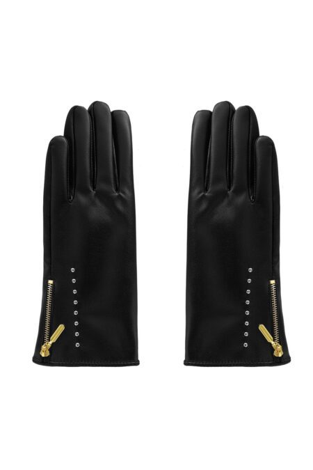 PU gloves with studs and zipper - black - one size