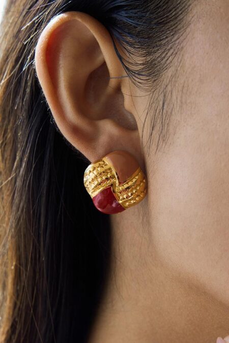 Luxurious Chequer Mixed Color Stainless Steel Gold Color Stud Earrings