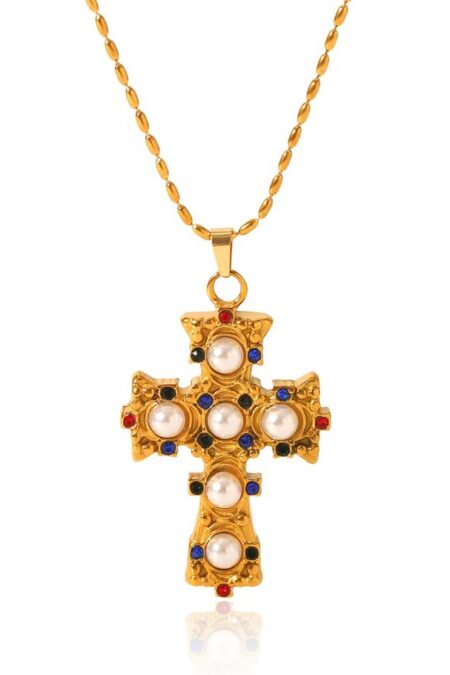 Cross Pendant with Zircon Stainless Steel - Gold Color