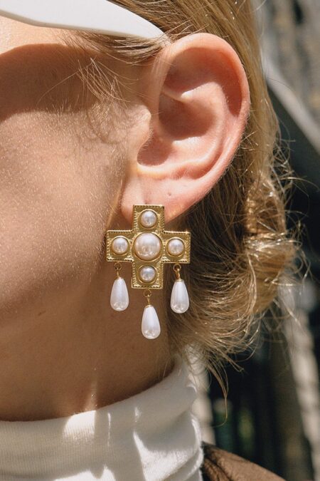 Luxurious Droplet Cross Stainless Steel Gold Color Drop Earrings